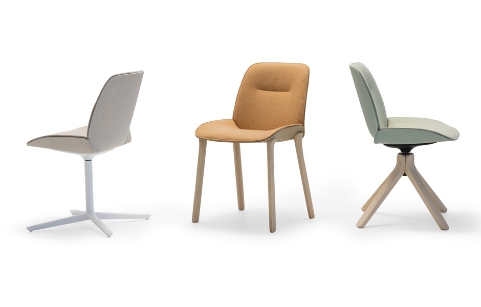 Andreu World Nuez Chair three chairs at different angles with different bases
