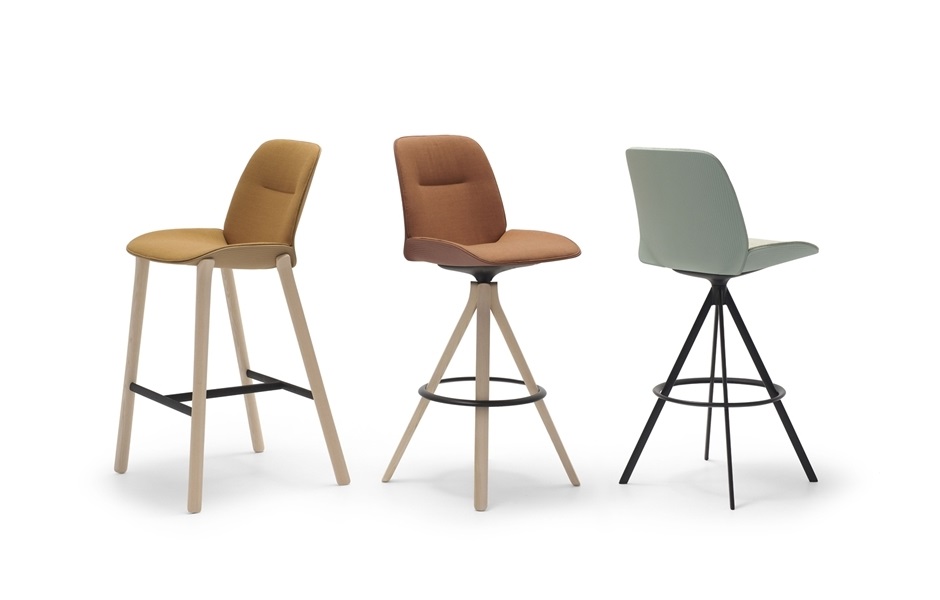 Andreu World Nuez Chair three counter-height chairs with different upholstery and bases