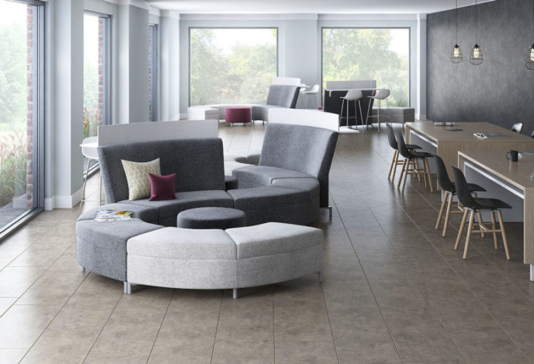 JSI Furniture Ziva modular lounges and curved benches with stand-up work surface and privacy panel in shades of gray