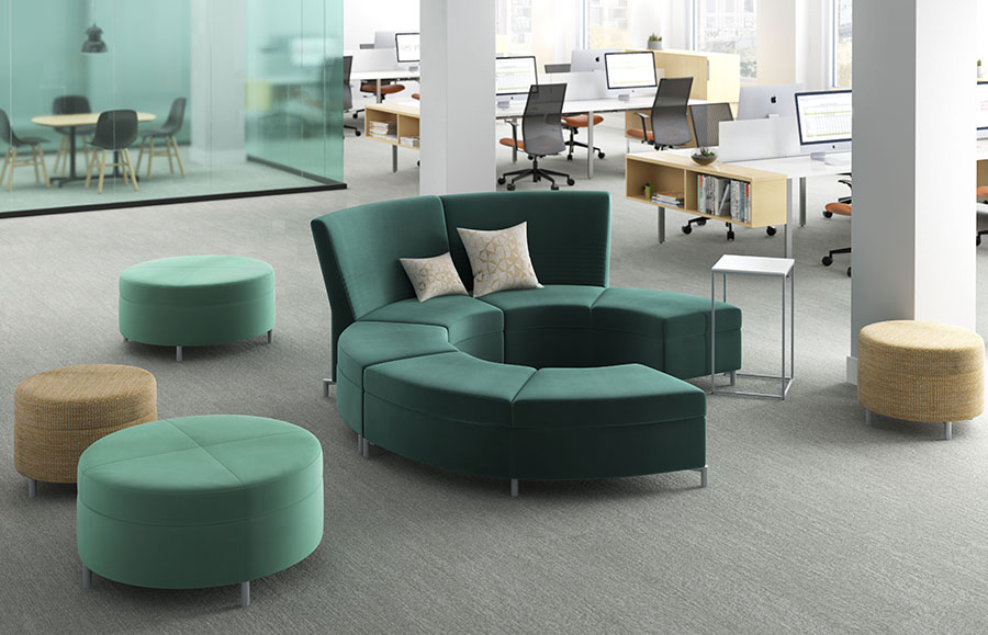JSI Ziva Ottomans and curved benches several colors in open office