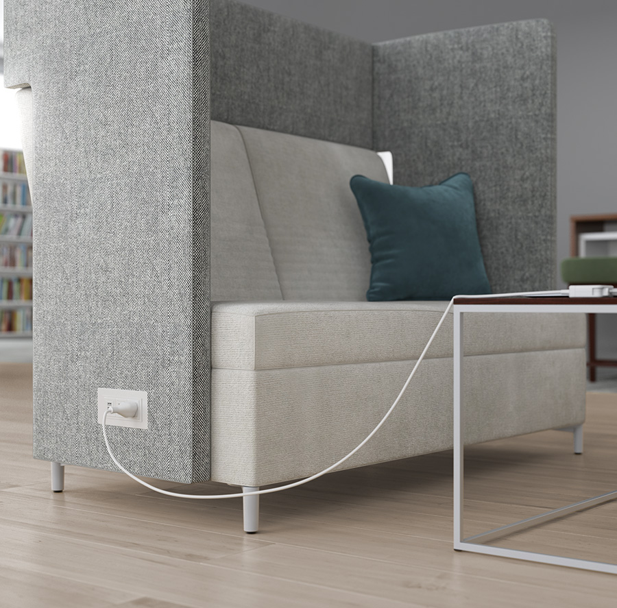 JSI Ziva freestanding lounge with privacy panels and integrated power in gray