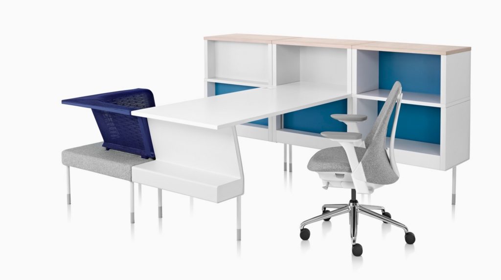 Yves Béhar Herman Miller Public Office Landscape work surface with storage and chair in white, blue, and purple