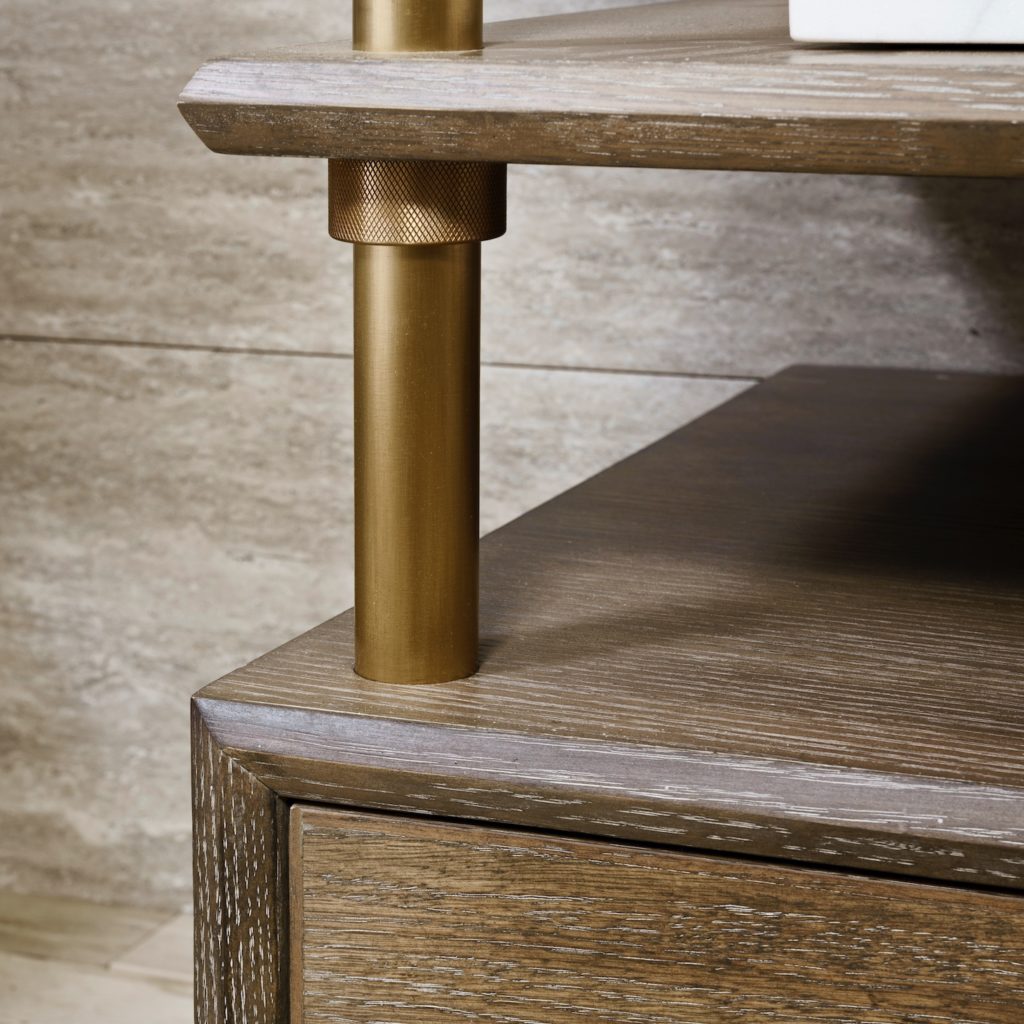 Stone Forest Wall Etagere detail of brass leg and wooden shelf/drawers
