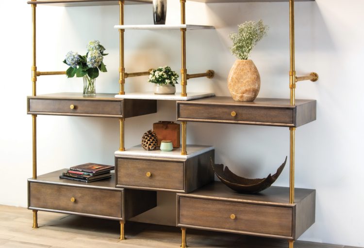Stone Forest Wall Etagere full unit with brass legs, stone shelves, and wooden drawers