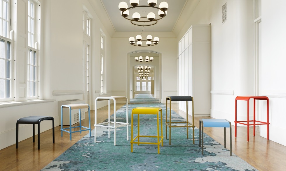 Source International Viiva Seating six stools in elegant hallway many colors