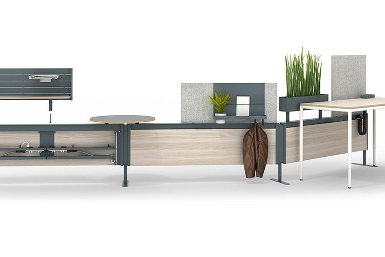 Watson C9 workstation worktops connected in linear fashion with planters and hook storage