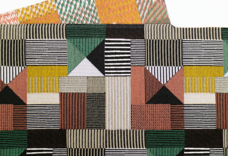 Designtex + Bauhaus textile collection designs by Gunta Stölzl geometric patterns in many colors intersecting
