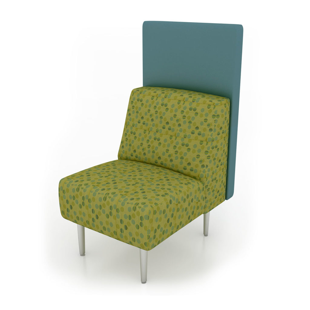 HPFI Evette seating single armless chair in green upholstery with green and blue dots with slate blue privacy screen