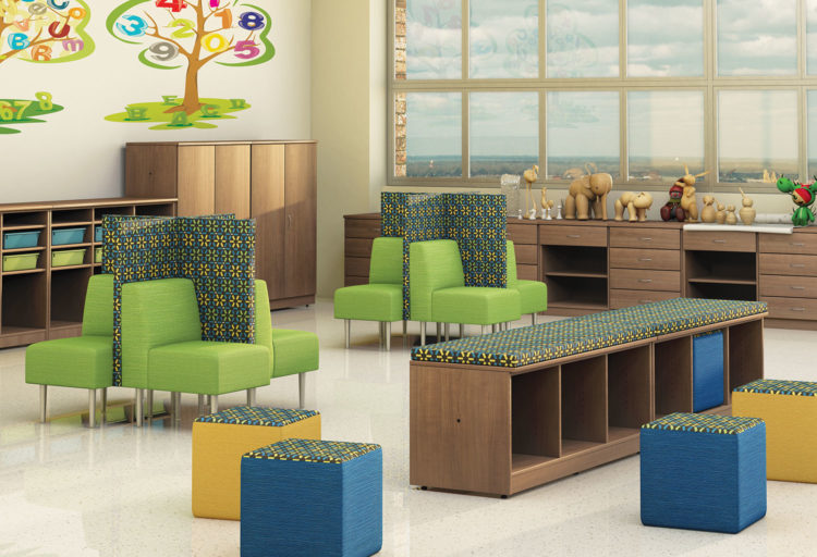 Evette modular seating in classroom environment lime green color scheme with yellow and blue storage cubes