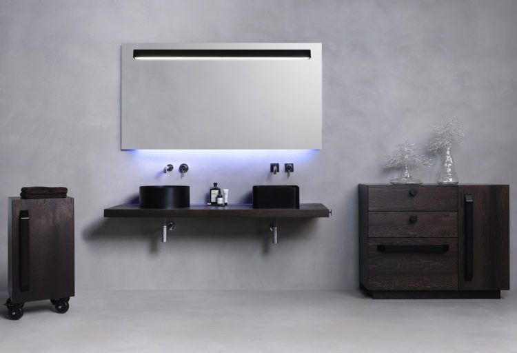 Atelier 12's Abisso Bathroom furniture in brown with twin basins in black and stainless steel medicine cabinet