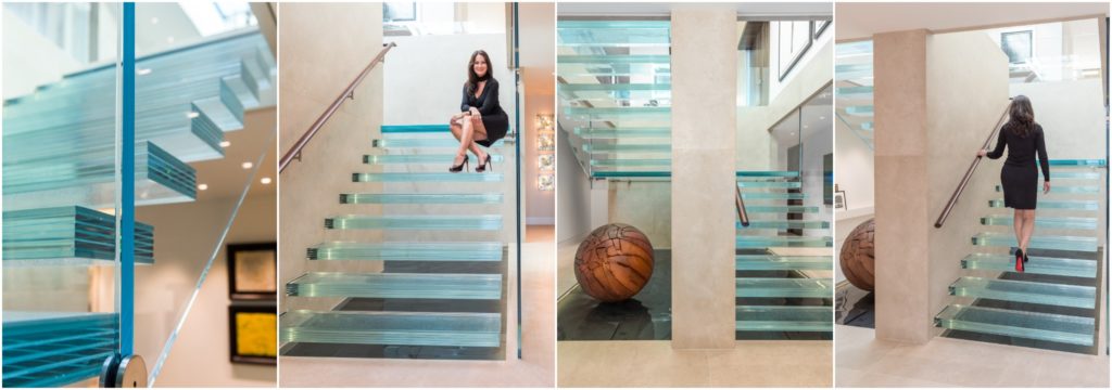 Nathan Allan Glass clear glass stair treads in residential home; split screen with four separate images