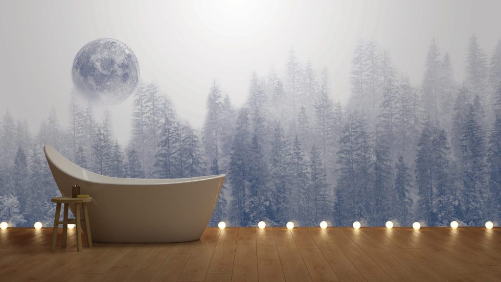 Instabilelab wallpaper snowy forest scene with bathtub on wood floor in foreground