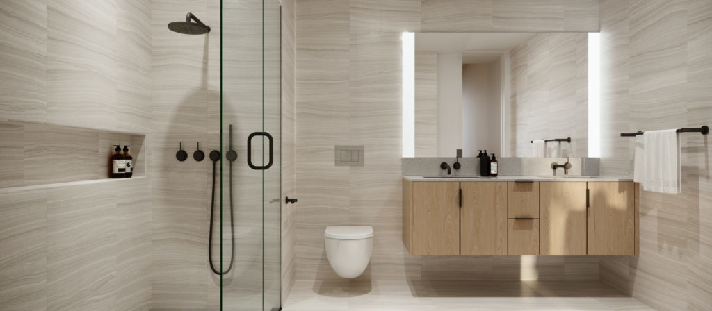 Katerra Bath Kit final assembled bathroom neutral tones glass shower wood laminate vanity