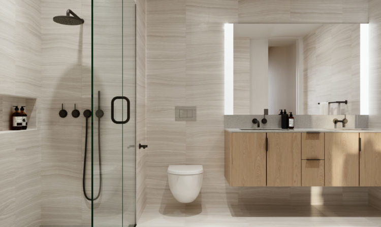 Katerra Bath Kit final assembled bathroom neutral tones glass shower wood laminate vanity