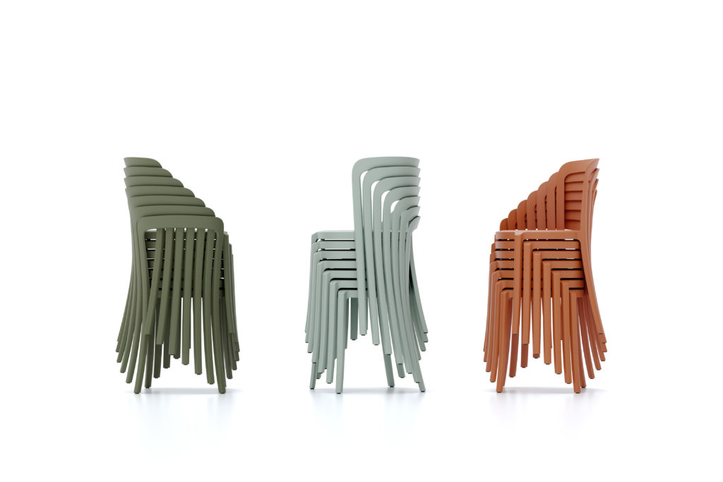 Barber & Osgerby On & On chair many chairs stacked in three rows of different colors: gray, gray-green, and orange