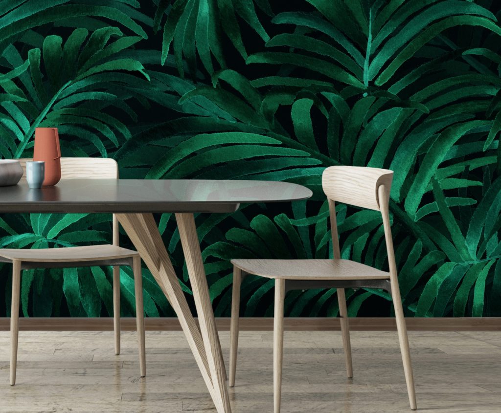 WallPepper Special Systems Smooth TNT palm leaf motif with kitchen table and chairs in foreground