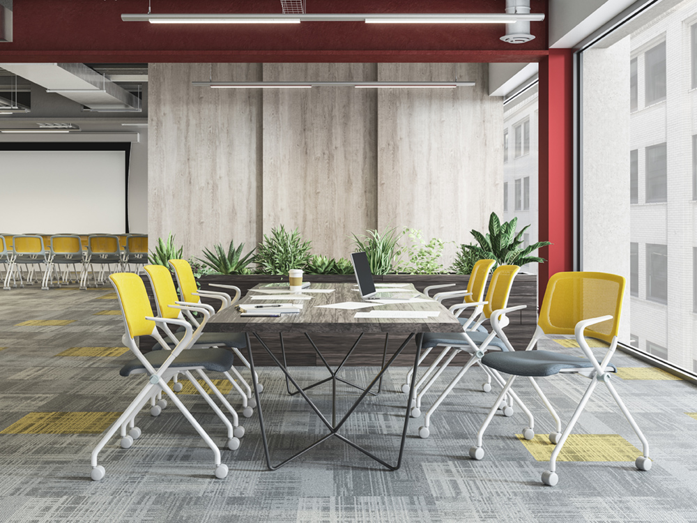 SitOnIt Qwiz Chair six chairs around conference table three with yellow upholstered back and gray upholstered seat; three with yellow mesh back and gray upholstered seat