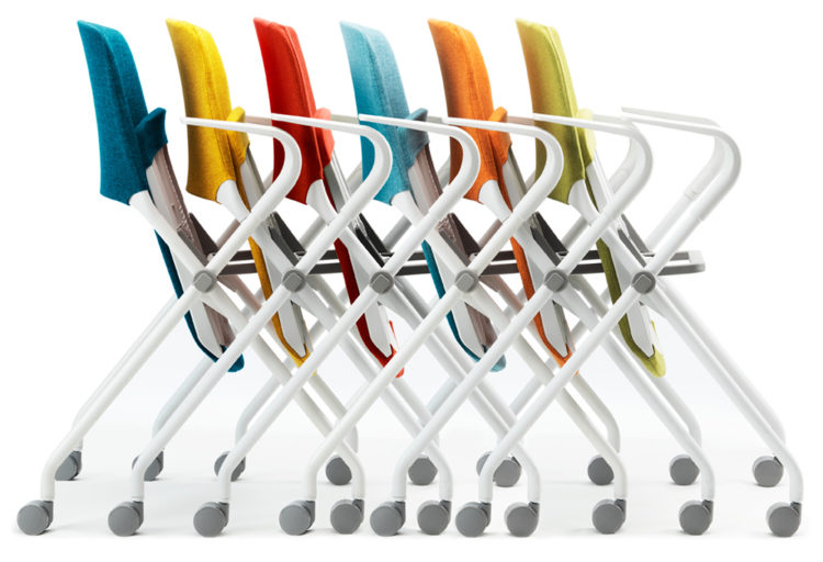 SitOnIt Qwiz Seating side view of six nested chairs in six different bright colors blue, orange, red, light blue, yellow, green