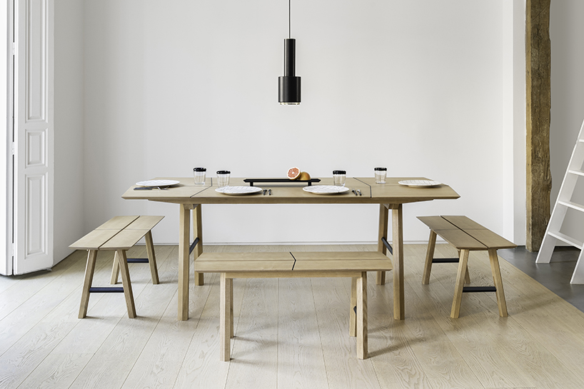 Woodendot's Savia Table and Bench three benches around kitchen table with black pendant lamp