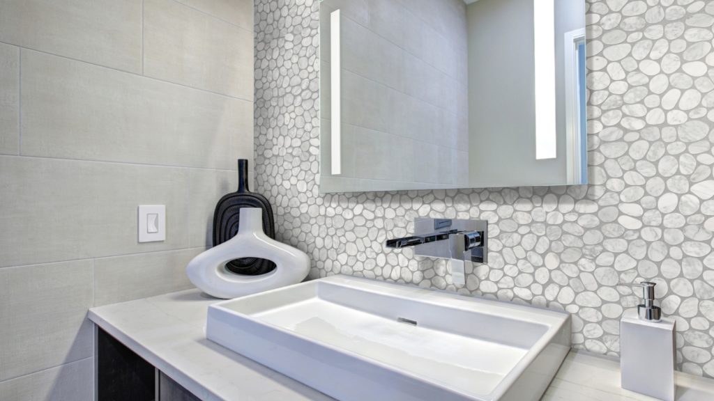 Ambiente Spindrift Marble Carrara above vanity with washbasin and countertop and mirror visible