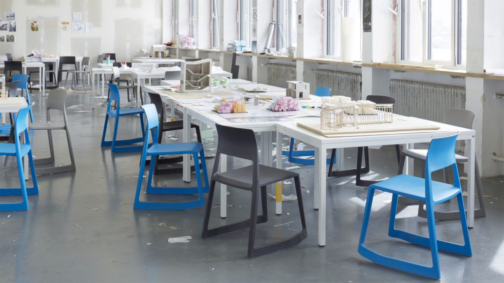 Barber & Osgerby Tip Ton Chair several chairs in gray and blue in school craft workshop