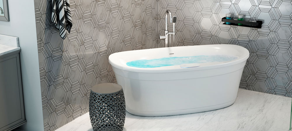 Jacuzzi's Arga bathtub in nice bathroom with white marble floor and silver wallpaper