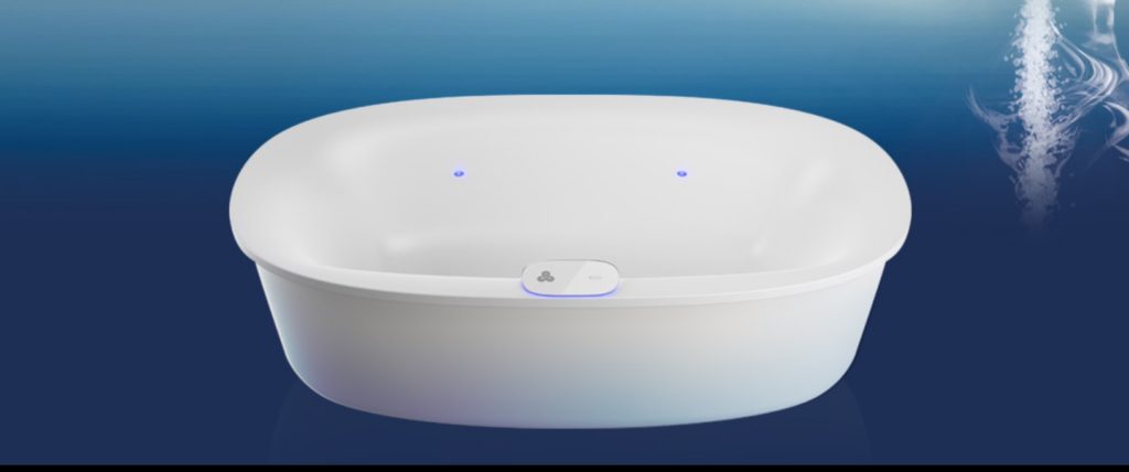 Jacuzzi's Arga bathtub empty tub front view with blue background