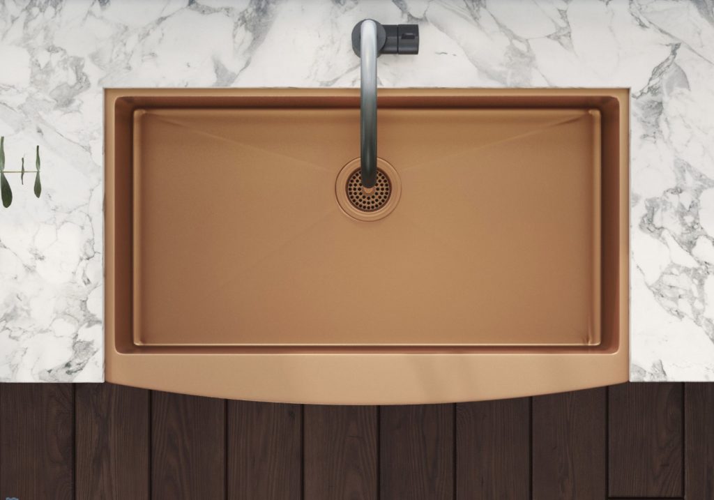 Ruvati's Terraza Sinks copper view from above in kitchen with white and grey countertop
