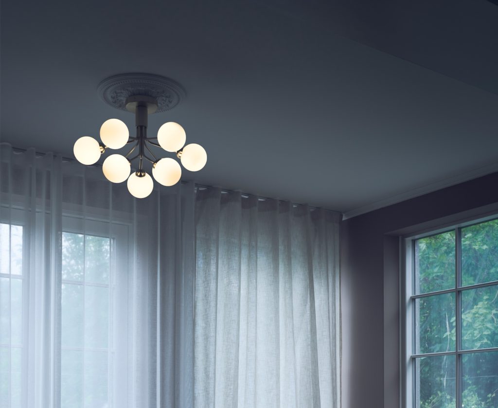 Nuura Apiales 9 Chandelier in room with sheer curtains and window
