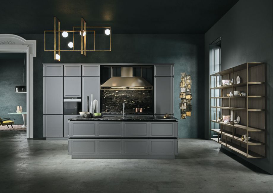 Iosa Ghini Frame Elegance Kitchen modern kitchen with gray cabinets and black veined granite countertops, island, and back splash