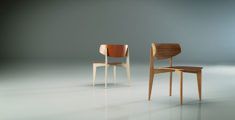 Iosa Ghini Ksenia Chair two chairs in beech wood one stained wood the other with orange finish