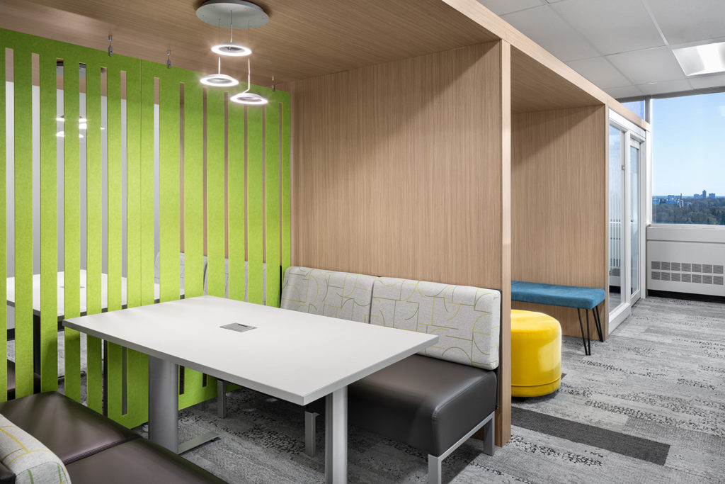ezoBord's Work Zone Dividers green vertical design floor-to-ceiling in workroom lounge