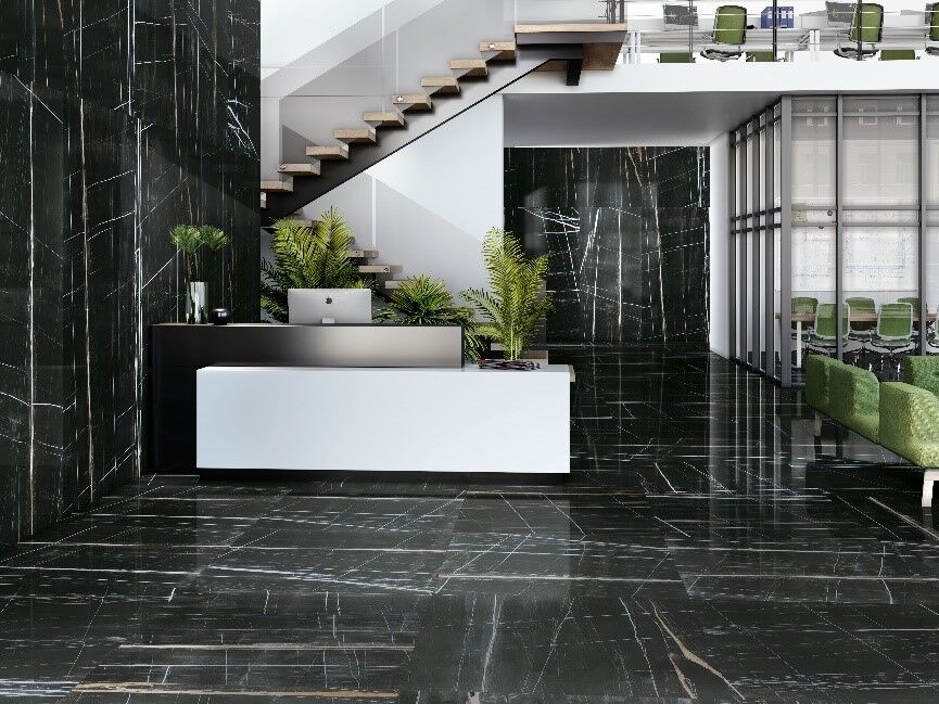 Tile of Spain 2020 designs Modernized Marble black slabs with white and gold veining in entryway
