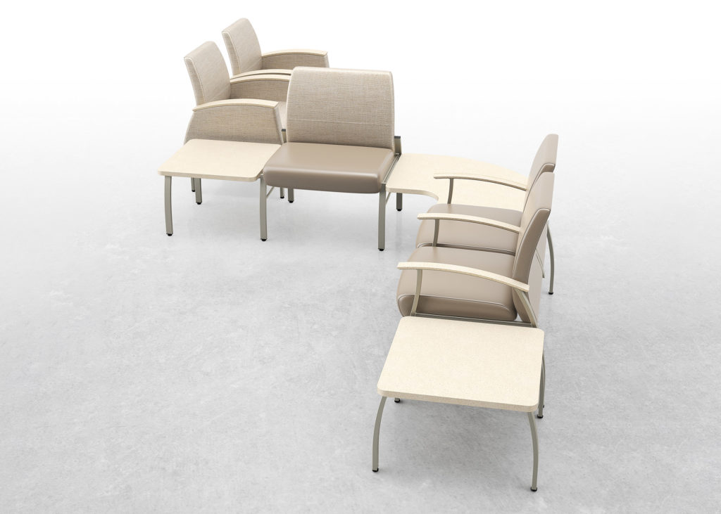 National Office Furniture Weli Seating ganged visitor seating, bariatric chair, and easy-exit patient chairs with tables in between in light colored upholstery