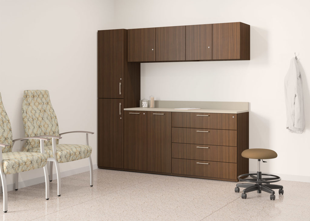 National Office Furniture Weli Seating two high back chairs with light patterned upholstery in doctor's office