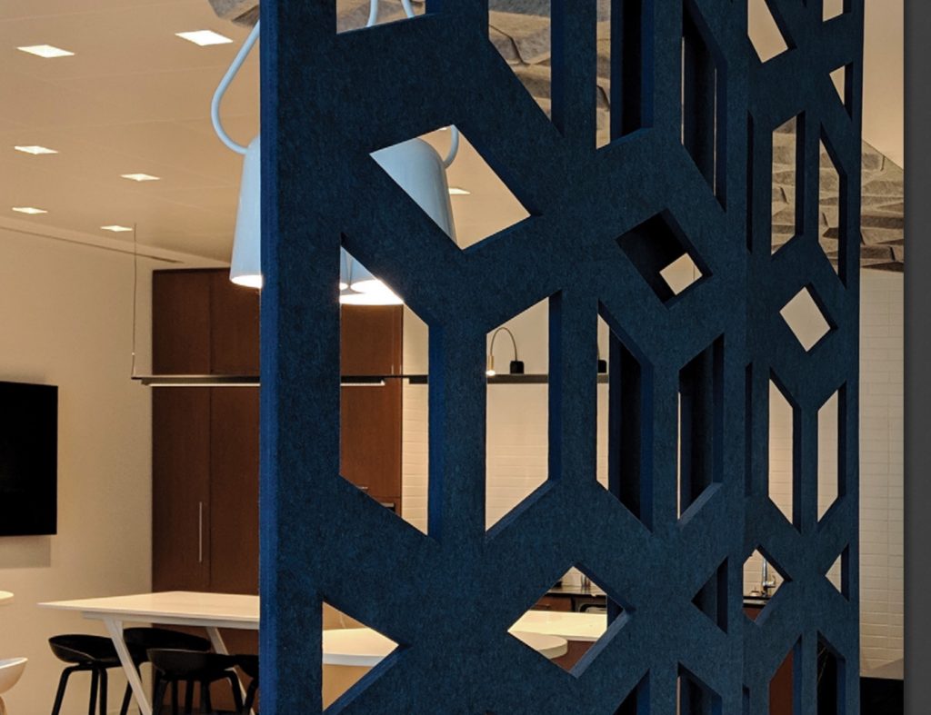 ezoBord's Work Zone Dividers blue geometric in conference room