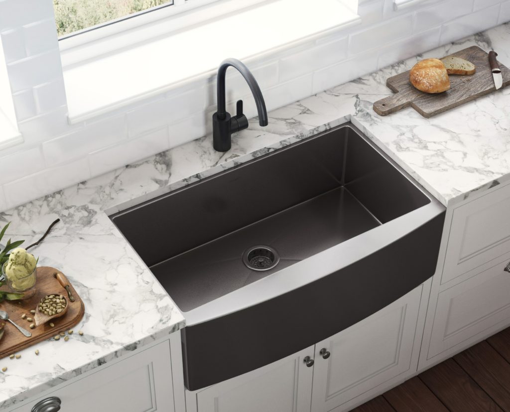 Ruvati's Terraza Sinks black view from above in kitchen with white and grey countertop and white cabinets