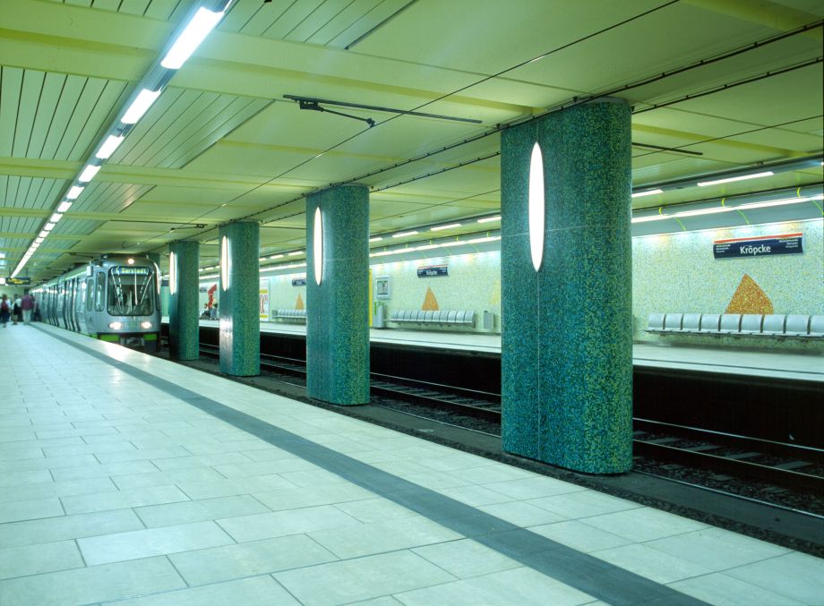 Interior of subway station in Hanover Germany with train approaching
