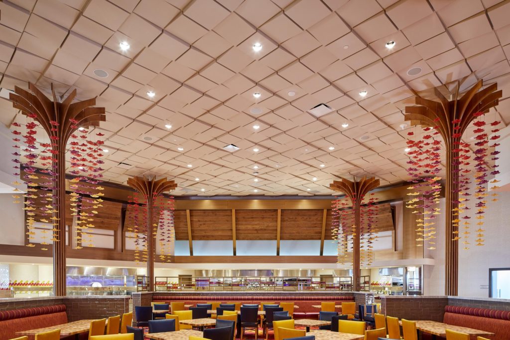 Above View ceiling tiles at Hard Rock Fire Mountain wide view of Fresh Harvest buffet with Wedge ceiling tile installation 