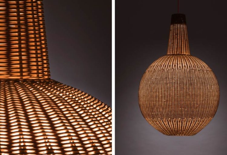 Global Lighting Sfera Pendant with intreccio woven wicker illuminated two views one detail and one showing whole pendant
