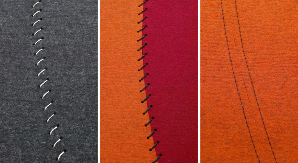 Fraster Felt Rug Collection stitching detail three images with rugs in gray, orange, and red/orange