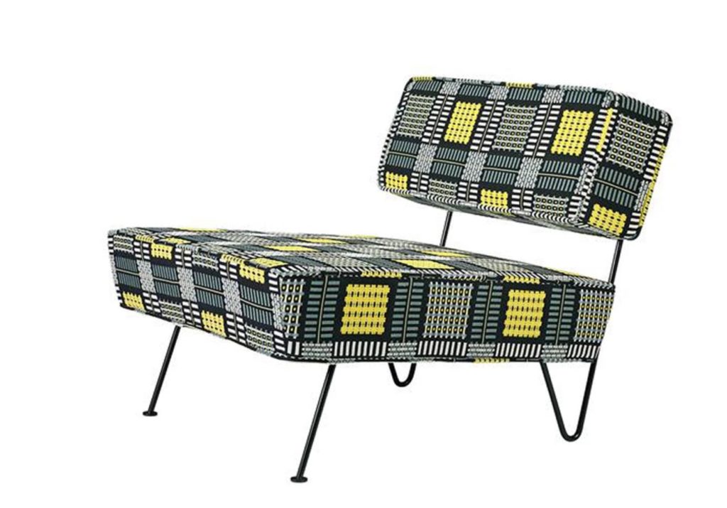 Greta Magnusson Grossman GT Lounge Chair with wide square seat and small rectangular back in yellow, gray, and black plaid pattern