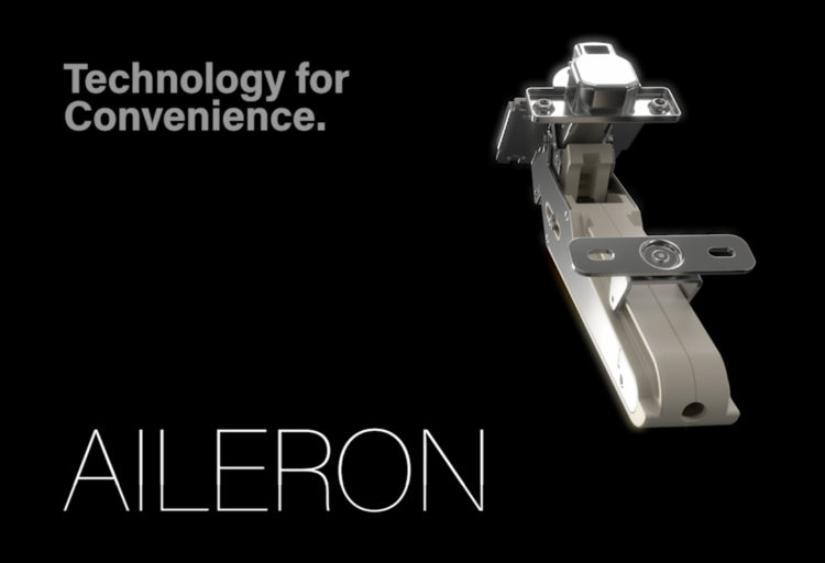 Front view of Aileron hinge with tag line "Technology for Convenience" and "Aileron" in all caps