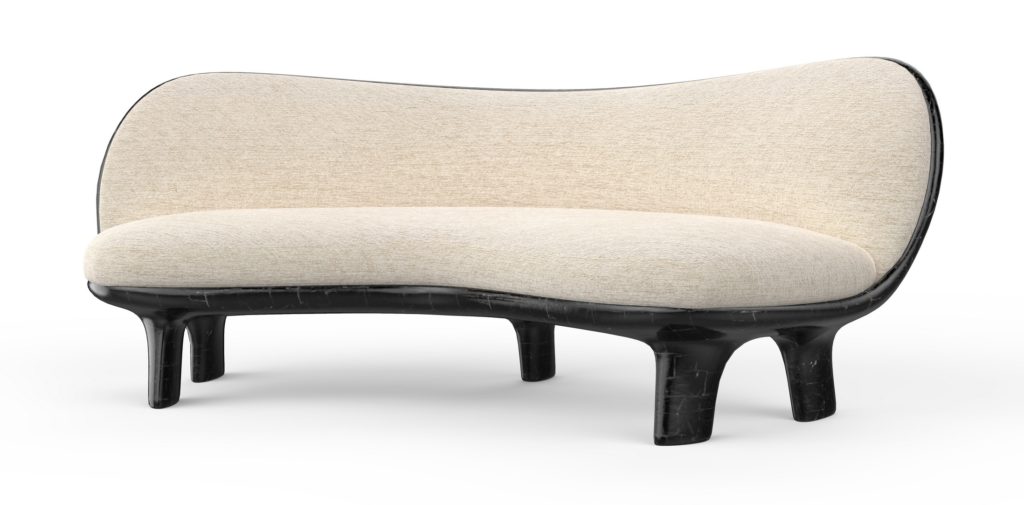 Champalimaud Capsule Collection settee white upholstery with black legs and shell
