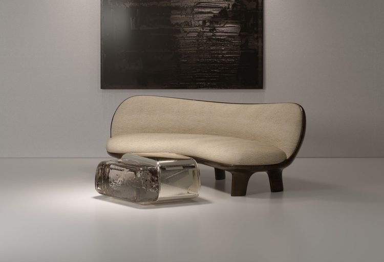 Champalimaud Capsule Collection Herron Sofa and Lacuna Table. Table is silver plated with insert slab of Murano Glass; sofa has black mica shell and legs with pearl-colored upholstery