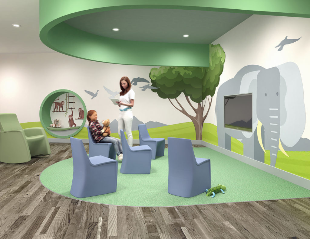 Hardi Children's in behavioral health center five small blue chiars and one large green rocker with child and caregiver