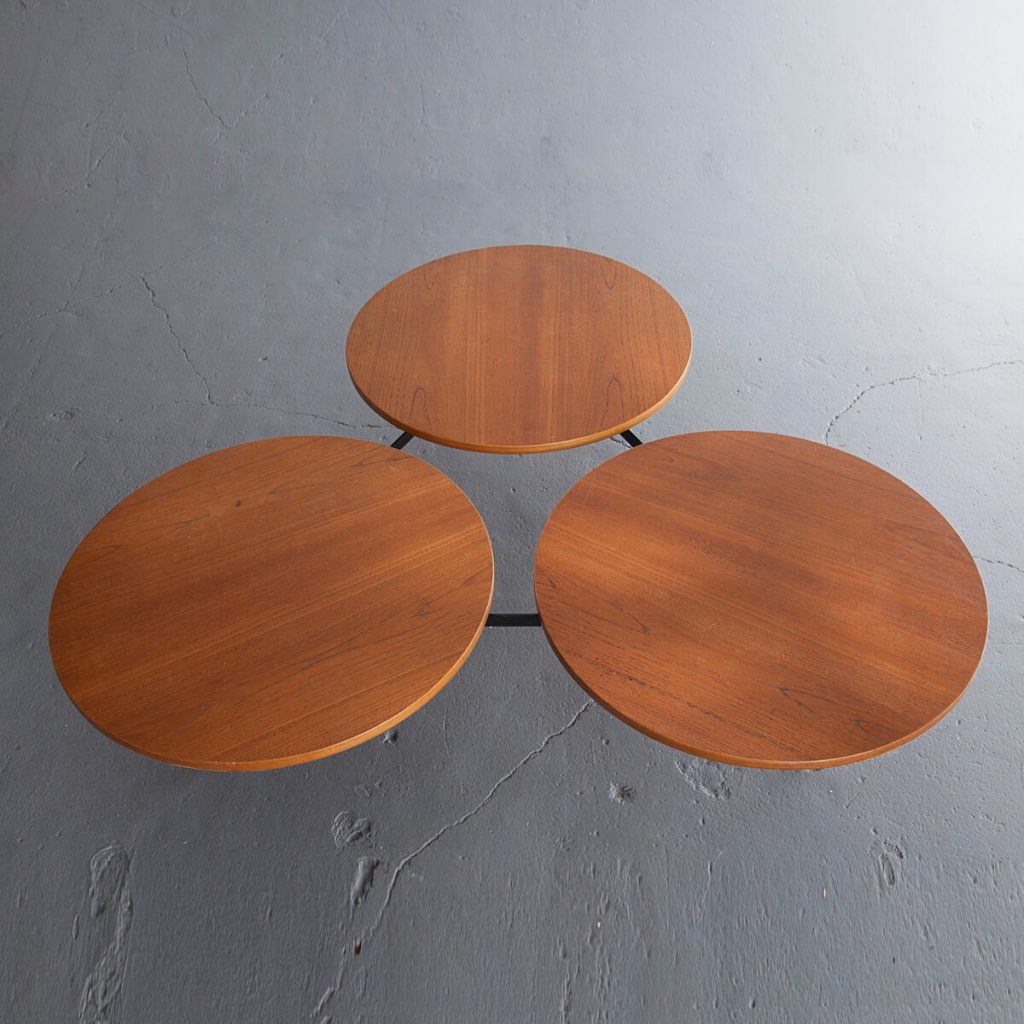 Greta Magnusson Grossman Triple-Top Table view from above three teak tabletops joined by triangular black metal frame