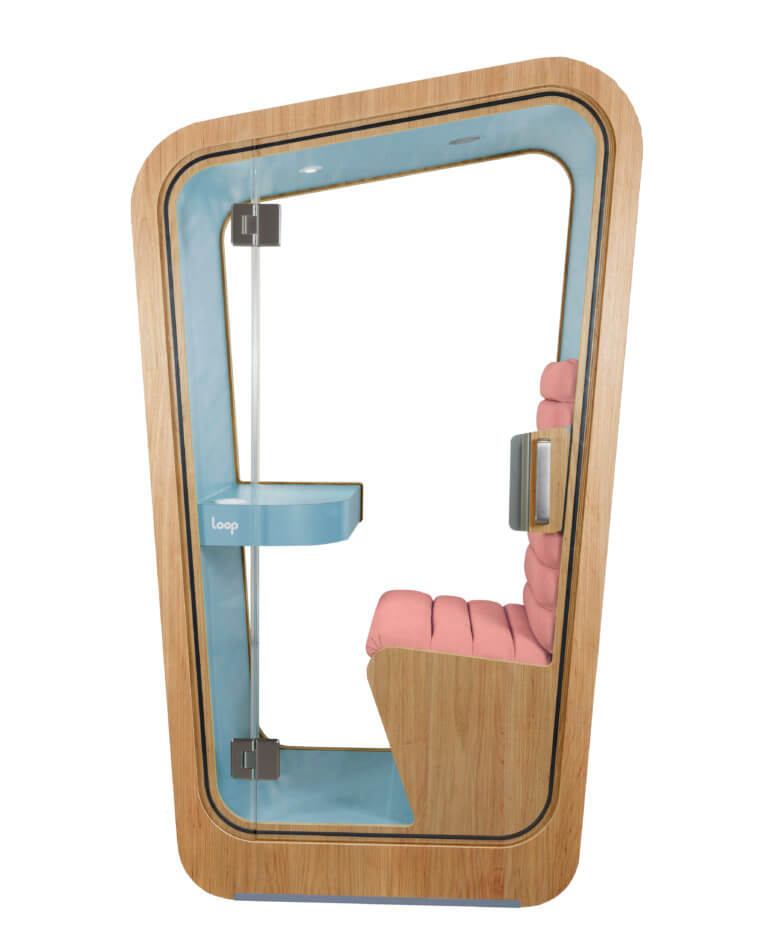 Loop Phone Booths view of interior with pink upholstery and blue trim 