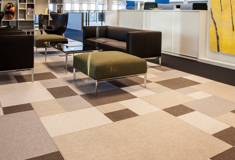 Fraster Felt Rug Collection very large rug in checkerboard pattern with white, gray, and different shades of brown