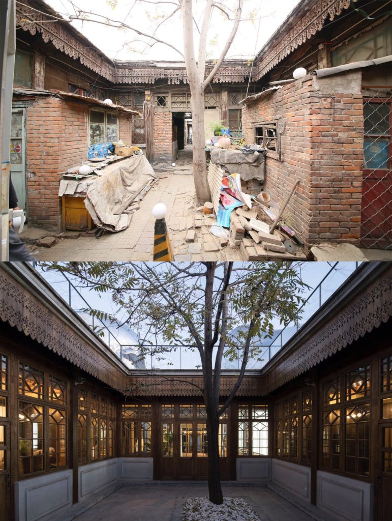 MAD Hutong Bubble 218 restoration of courtyard before and after views with partial views of bubble on rooftop beyond